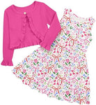 Girls rainbow floral print dress paired with a cardigan featuring bright multicolor flower details.