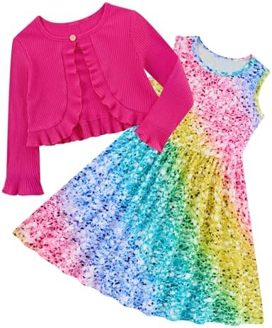 Girls rainbow sequin dress with matching cardigan featuring sparkling details for party and special occasions.