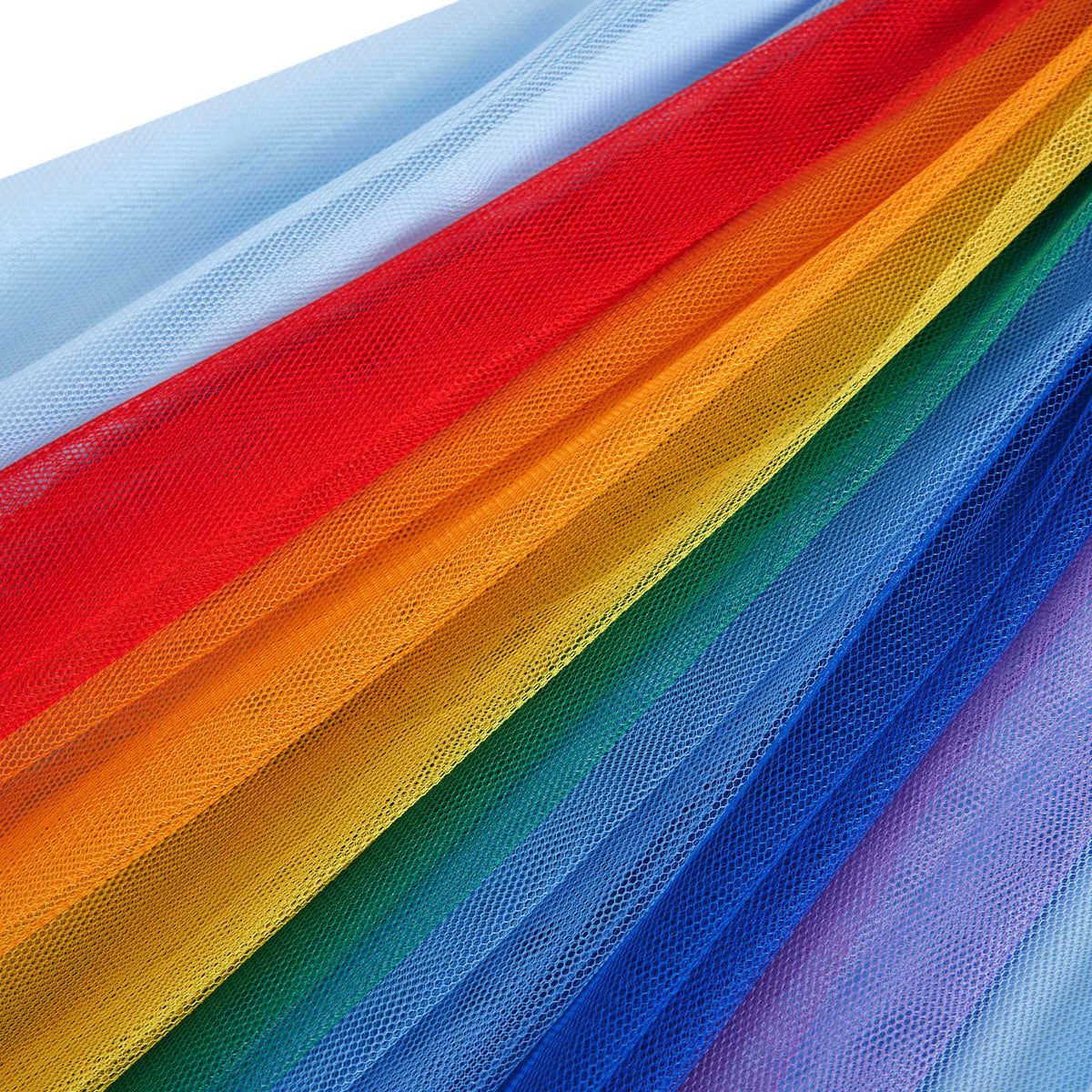 Close-up of the rainbow tulle dress showing the layered mesh skirt, colorful fabric texture and soft flowing design.