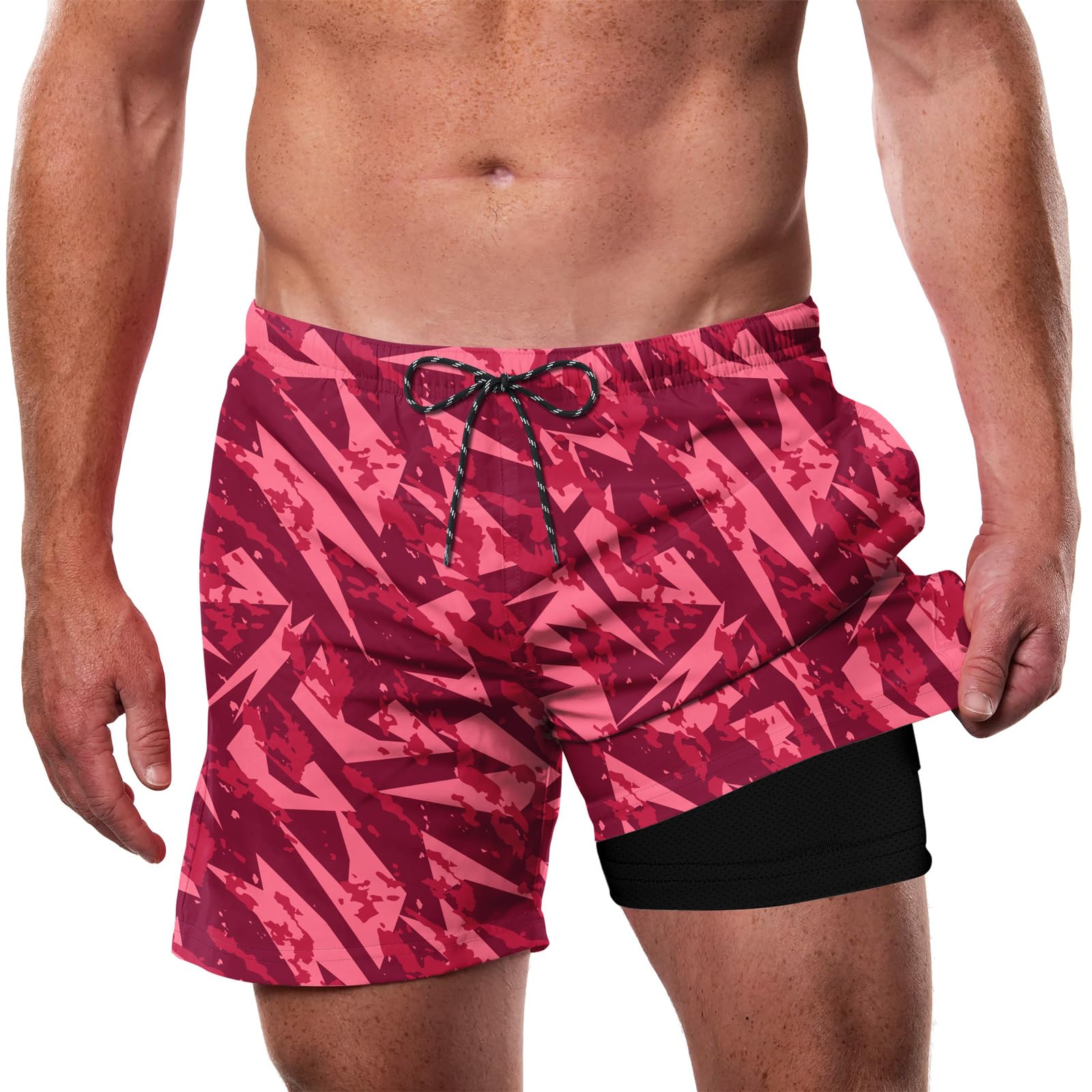 Men's red camouflage swim trunks for beach and outdoor activities