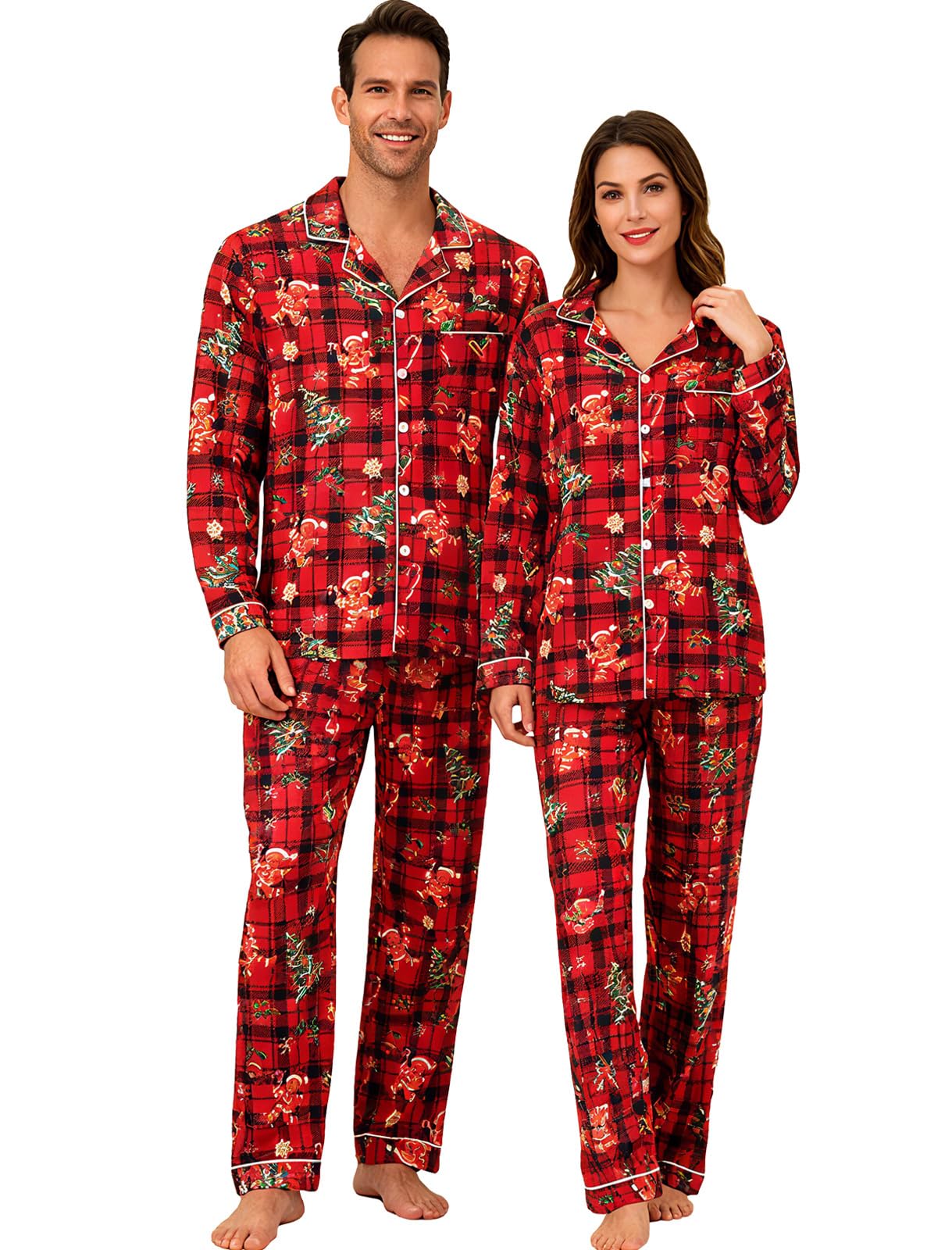 Couple wearing matching red Christmas plaid pajamas with long sleeve button up shirts and pants for holiday family moments