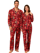 Couple wearing matching red Christmas plaid pajamas with long sleeve button up shirts and pants for holiday family moments