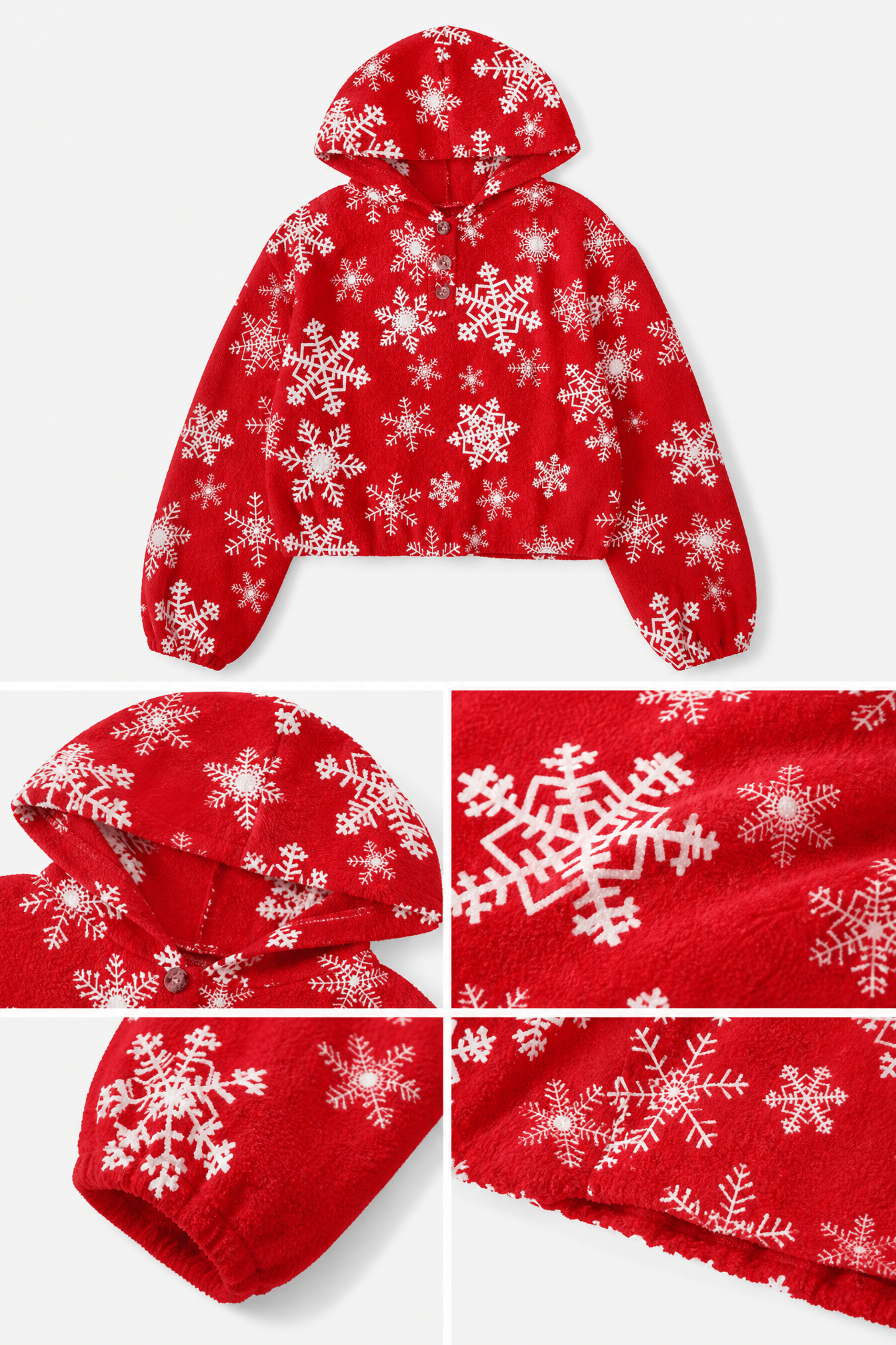 Close-up details of a girls red snowflake fleece hoodie showing the hood, button neckline, soft plush texture, sleeve cuffs and printed snowflake pattern.