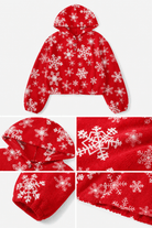 Close-up details of a girls red snowflake fleece hoodie showing the hood, button neckline, soft plush texture, sleeve cuffs and printed snowflake pattern.