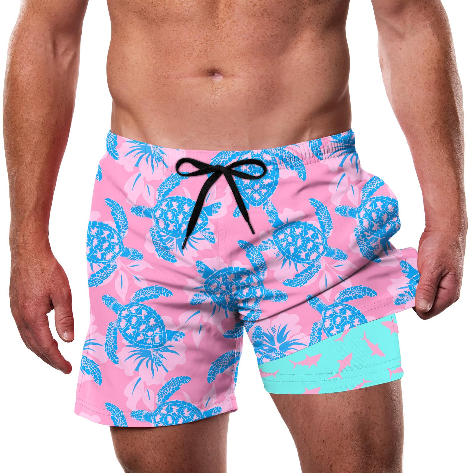 men's sea turtle print swim trunks with lightweight quick dry fabric