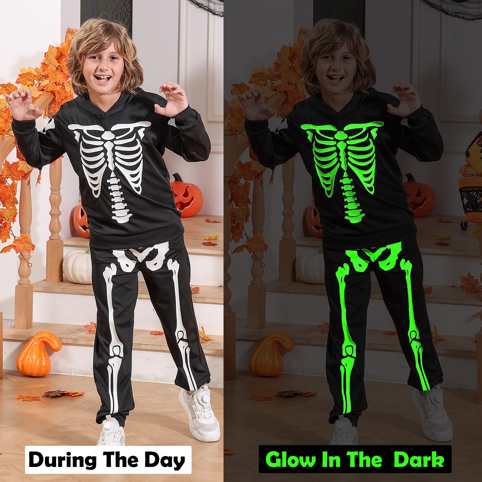 Close-up details of kids skeleton costume set showing glow in the dark print, hood design, matching pants and Halloween outfit features.