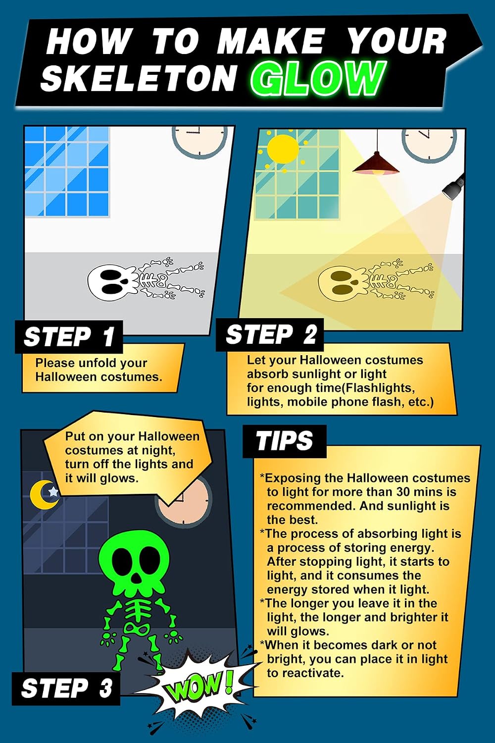 Kids glow in the dark skeleton costume guide showing how to charge the luminous bone print under light before wearing it in the dark.