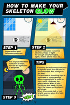 Kids glow in the dark skeleton costume guide showing how to charge the luminous bone print under light before wearing it in the dark.
