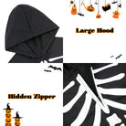 Close-up of kids skeleton costume showing the zip-up front closure, hood design, bone print details and glow in the dark fabric effect.