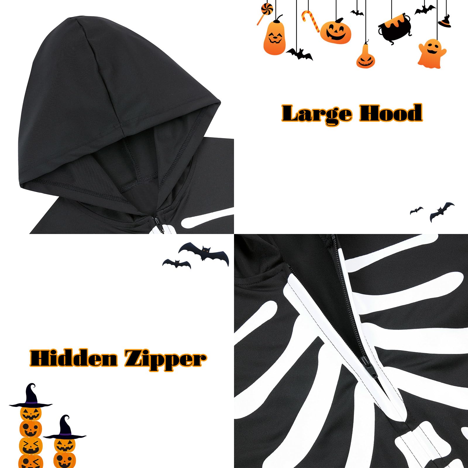 Close-up of kids skeleton costume showing the zip-up front closure, hood design, bone print details and glow in the dark fabric effect.