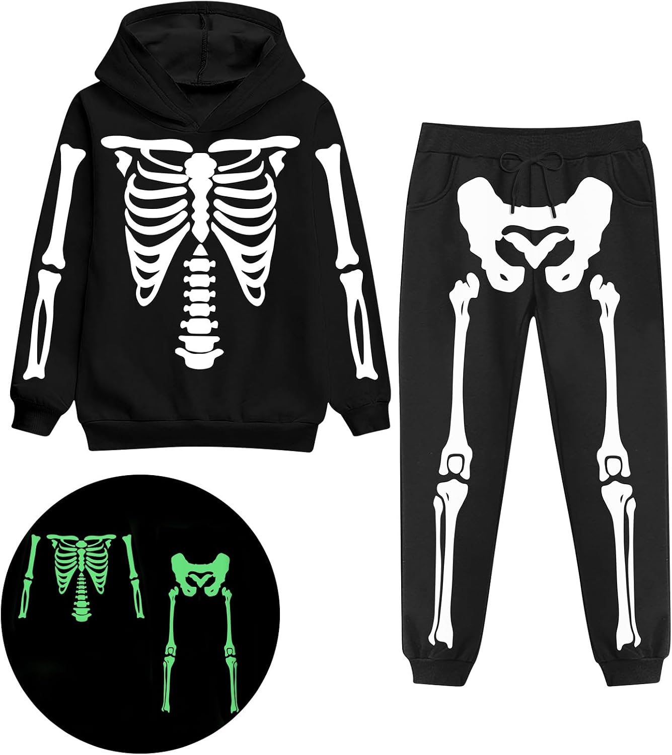 Kids black skeleton costume set with hooded top and matching pants featuring glow in the dark bone print for Halloween dress up.