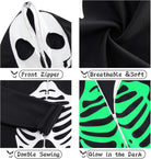 Kids skeleton jumpsuit feature detail showing the skull hood, bone print, zip-up design and glow-in-the-dark effect.