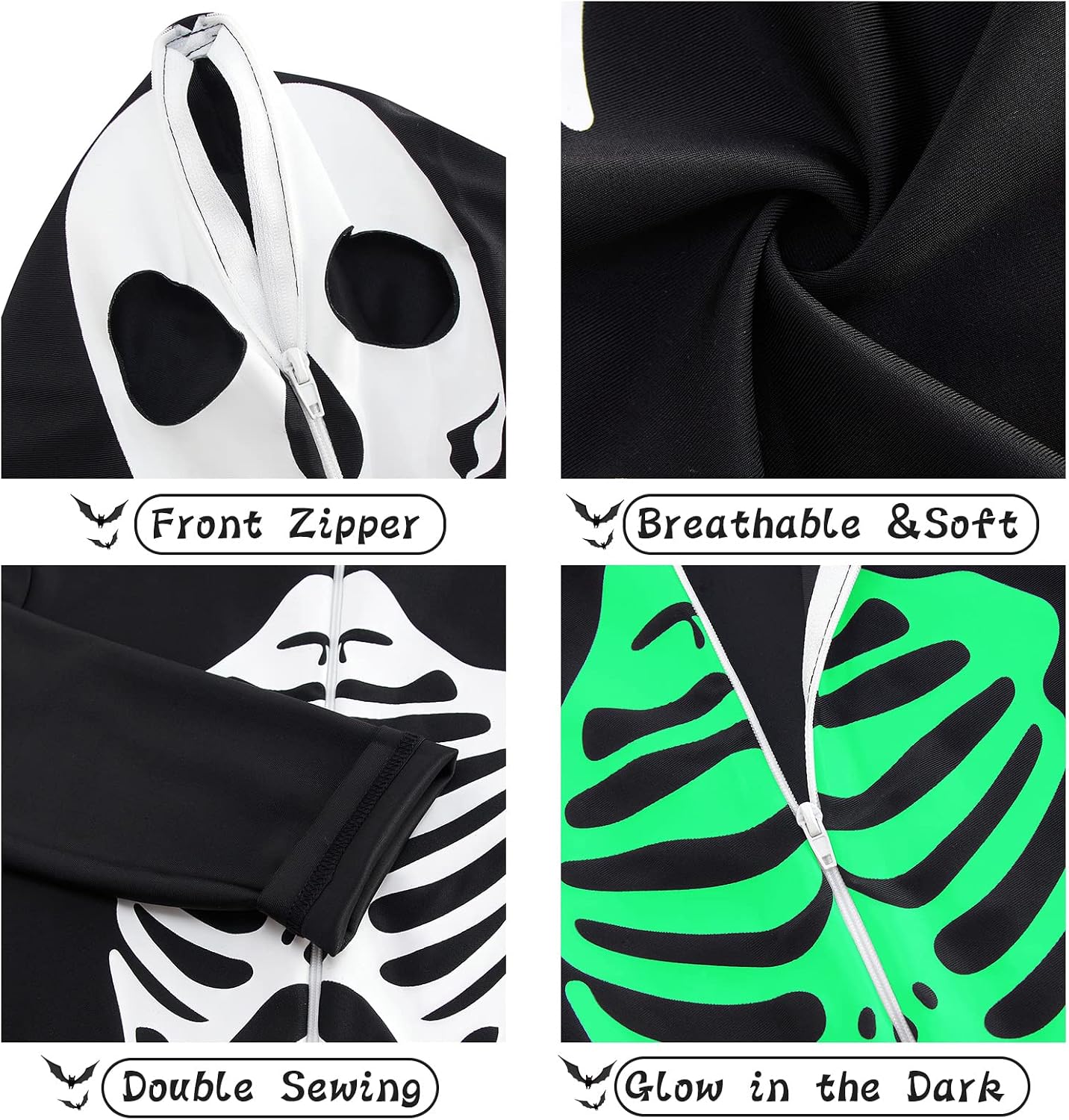 Kids skeleton jumpsuit feature detail showing the skull hood, bone print, zip-up design and glow-in-the-dark effect.