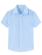 Sky blue boys striped polo shirt with button front and short sleeves for summer casual outfits.