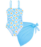 sky blue girls one piece swimsuit with beach cover-up