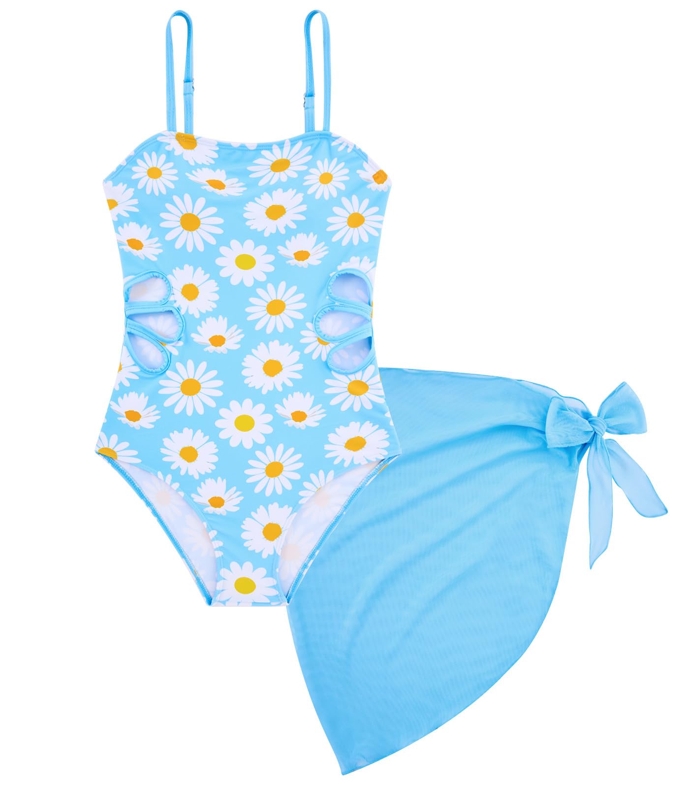 sky blue girls one piece swimsuit with beach cover-up
