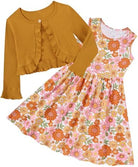 Girls sunset garden floral dress paired with a cardigan featuring colorful botanical patterns.