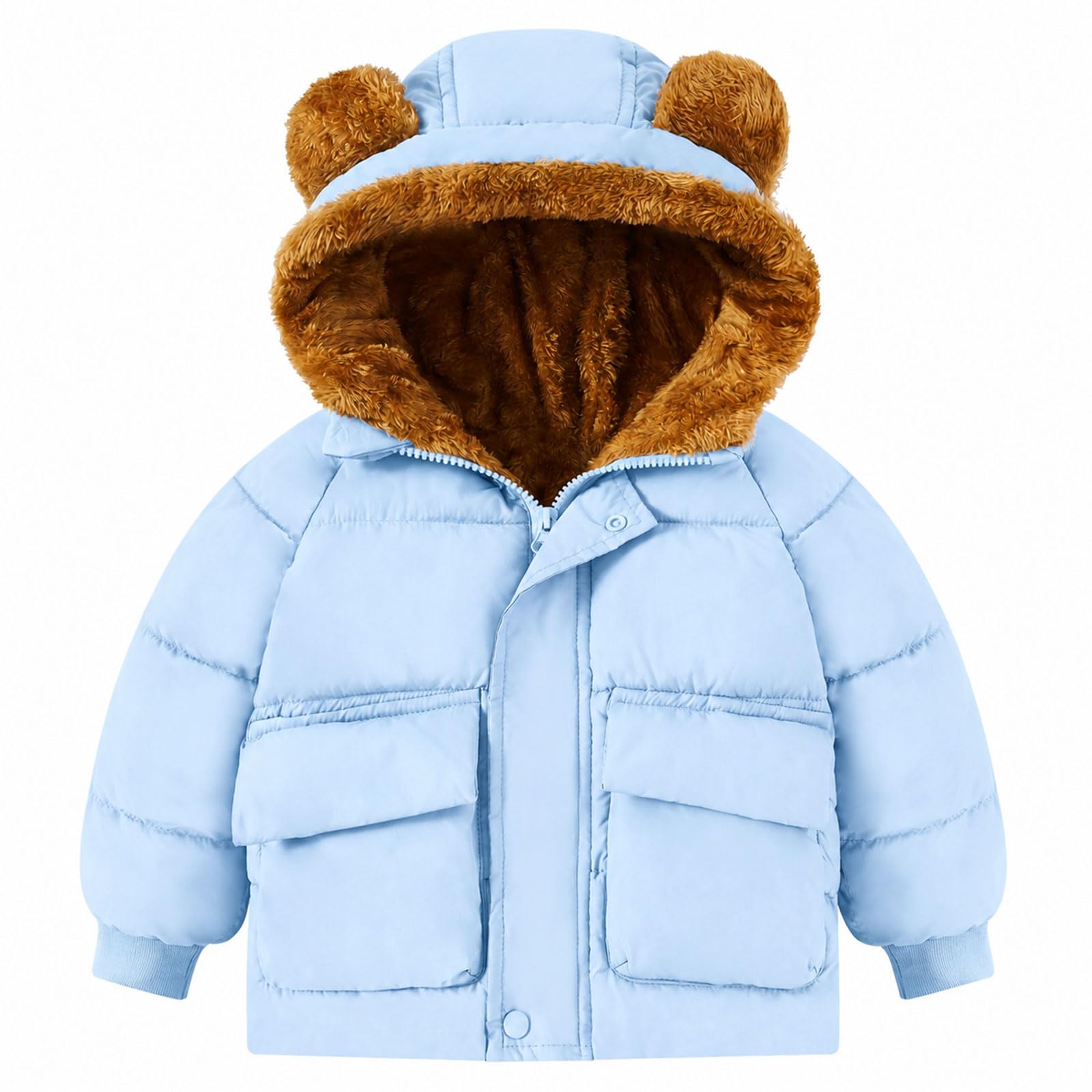 Toddler baby blue puffer jacket with plush brown bear-ear hood, fleece lining and full-zip design for warm winter activities.
