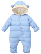 Toddler baby blue one-piece puffer snowsuit with bear-ear hood and cozy quilted construction for cold-weather outdoor activities.