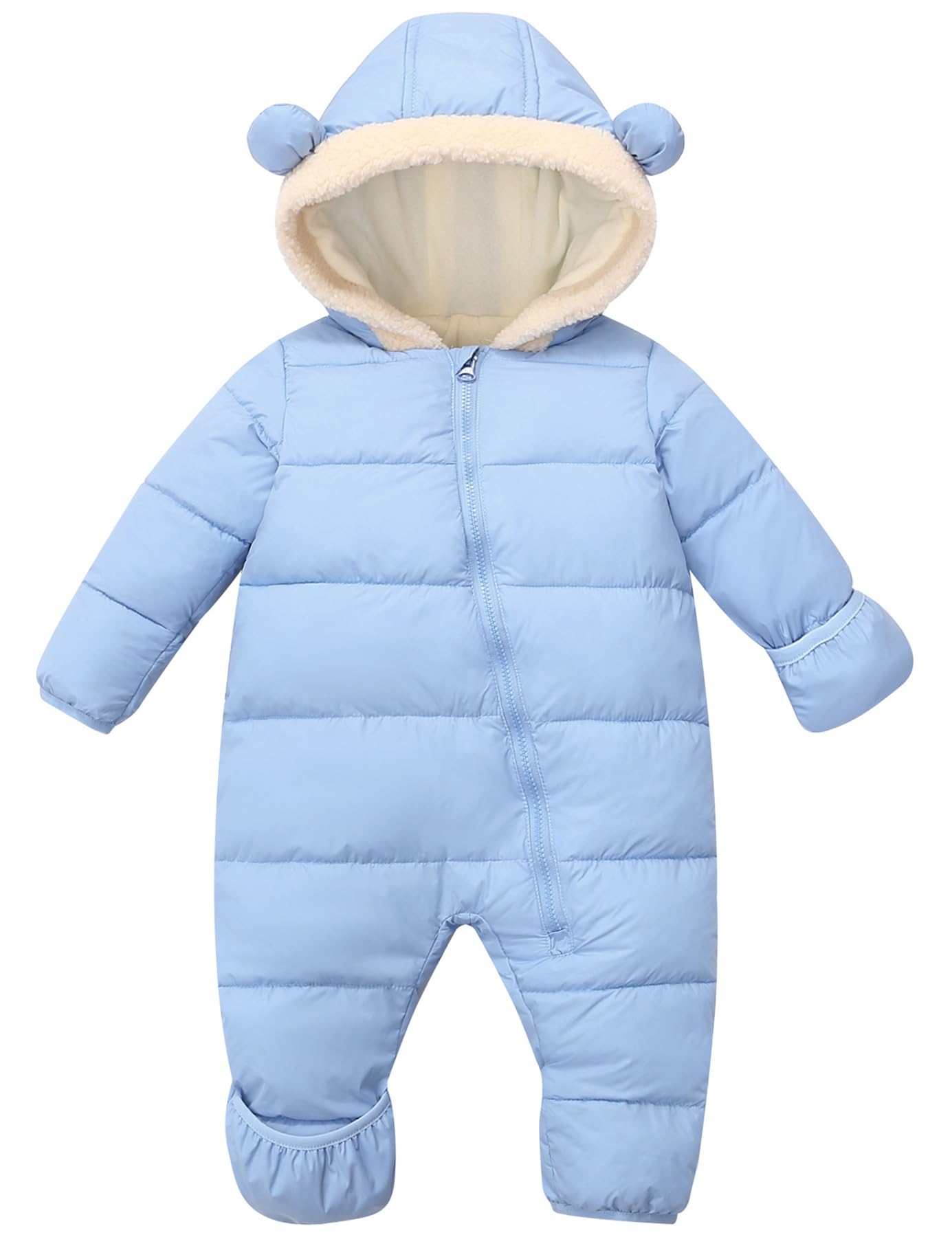 Toddler baby blue one-piece puffer snowsuit with bear-ear hood and cozy quilted construction for cold-weather outdoor activities.