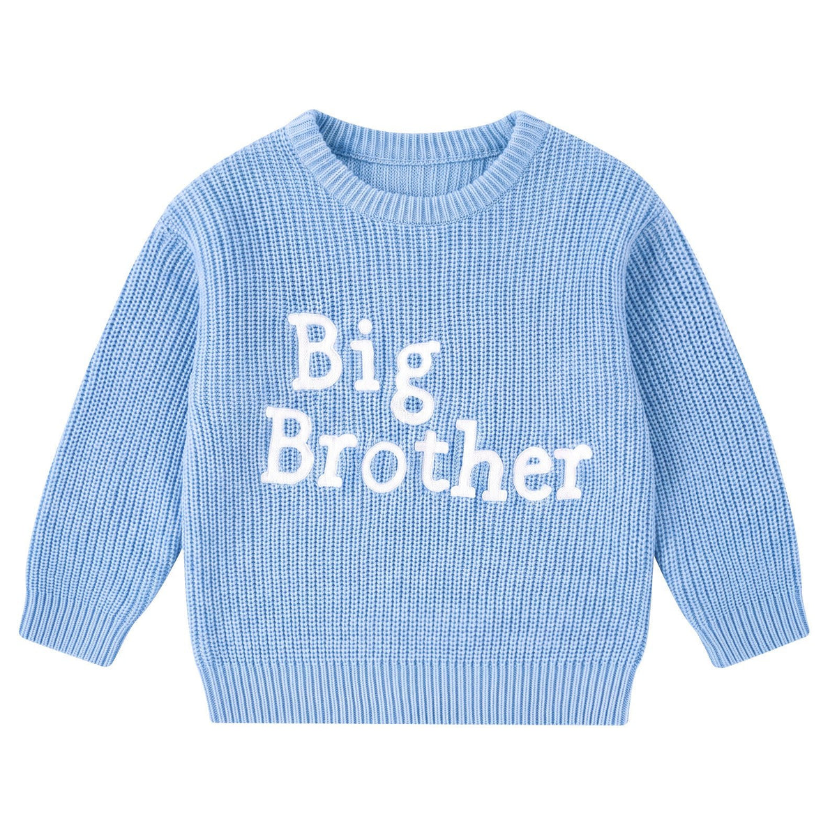 Toddler baby blue sweater with Big Brother graphic, long sleeves and soft cotton blend knit fabric for boys everyday wear.