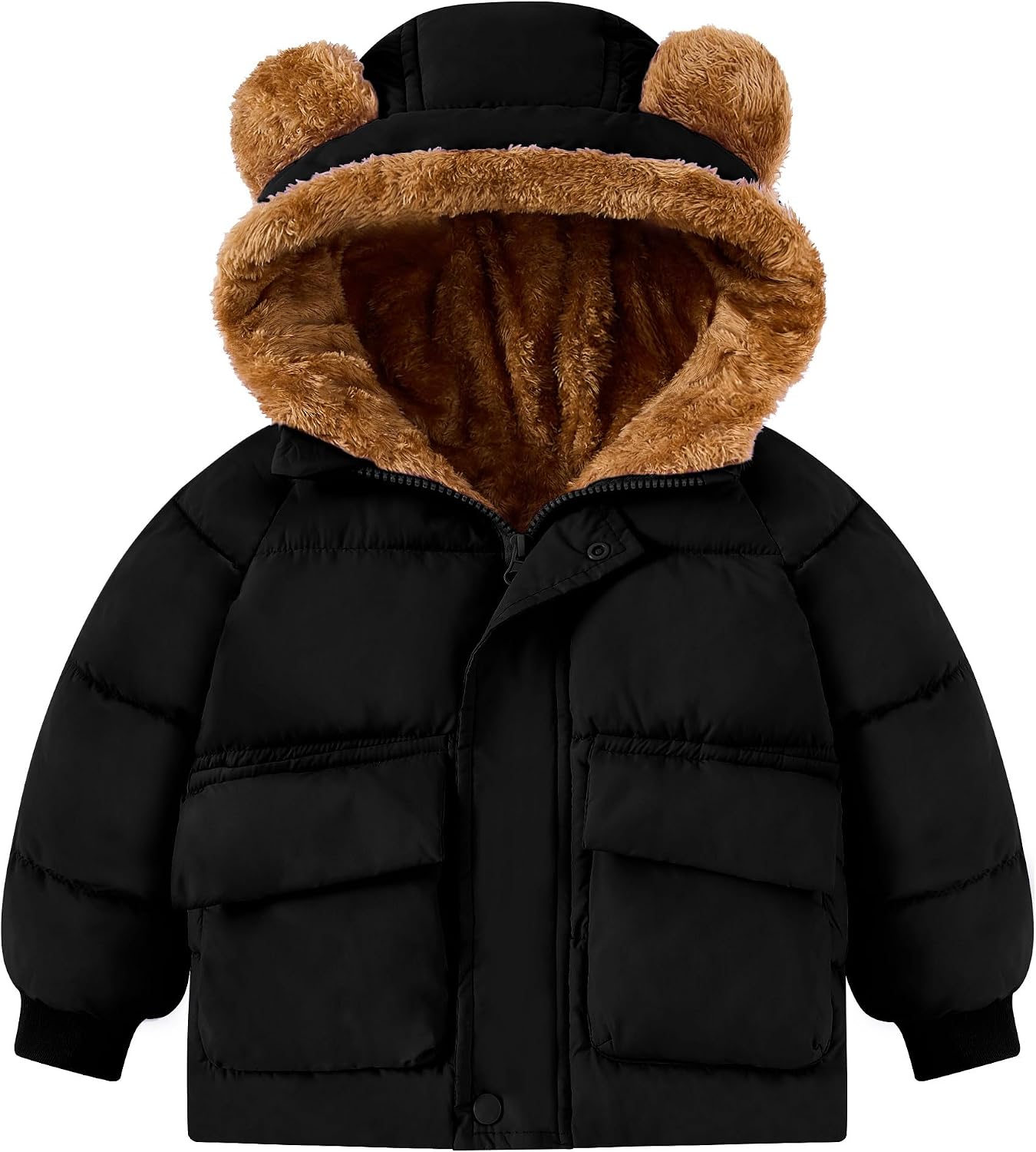 Toddler black puffer jacket with plush brown bear-ear hood, fleece lining, full zipper and front pockets for warm winter wear.
