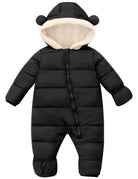 Toddler black bear ear puffer snowsuit with full-zip front and quilted one-piece design for snow days and everyday winter outings.