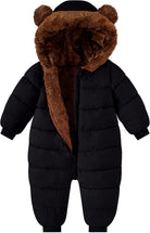 Toddler black one-piece snowsuit with plush bear-ear hood, quilted design and extended front zipper for warm winter outdoor wear.