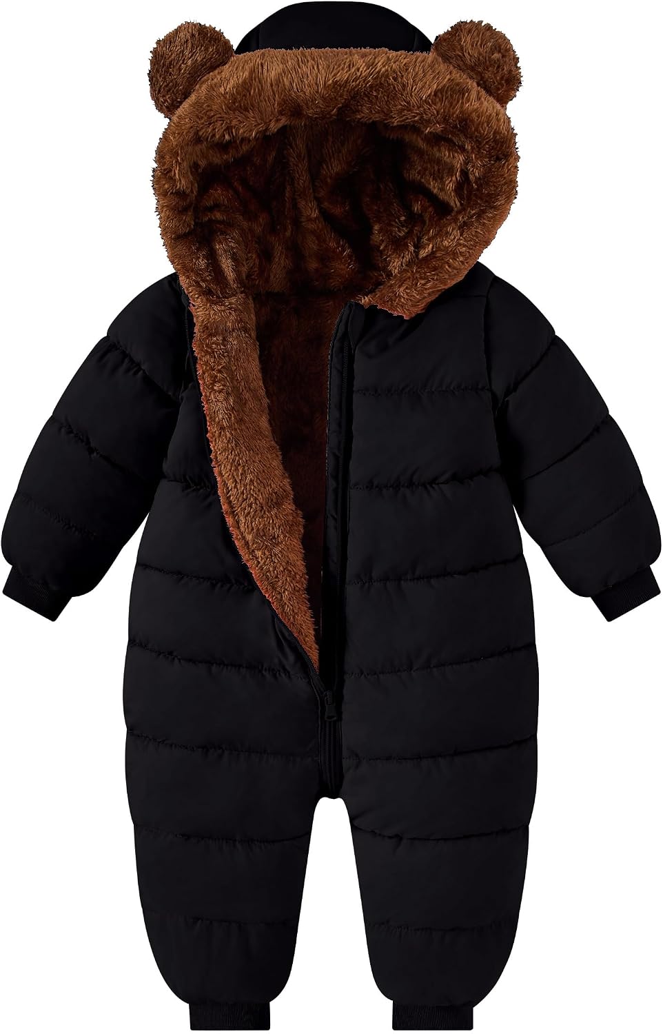 Toddler black one-piece snowsuit with plush bear-ear hood, quilted design and extended front zipper for warm winter outdoor wear.