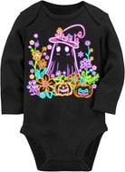 Toddler black long sleeve Halloween bodysuit with colorful ghost, pumpkin and floral graphic print on soft cotton stretch fabric.