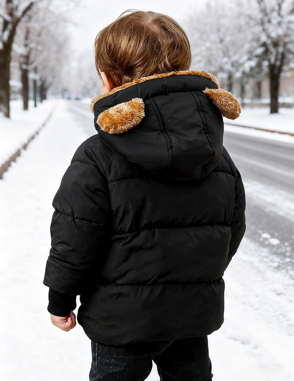 Back view of a toddler wearing a black bear ear puffer jacket, showing the quilted construction and plush hood design.
