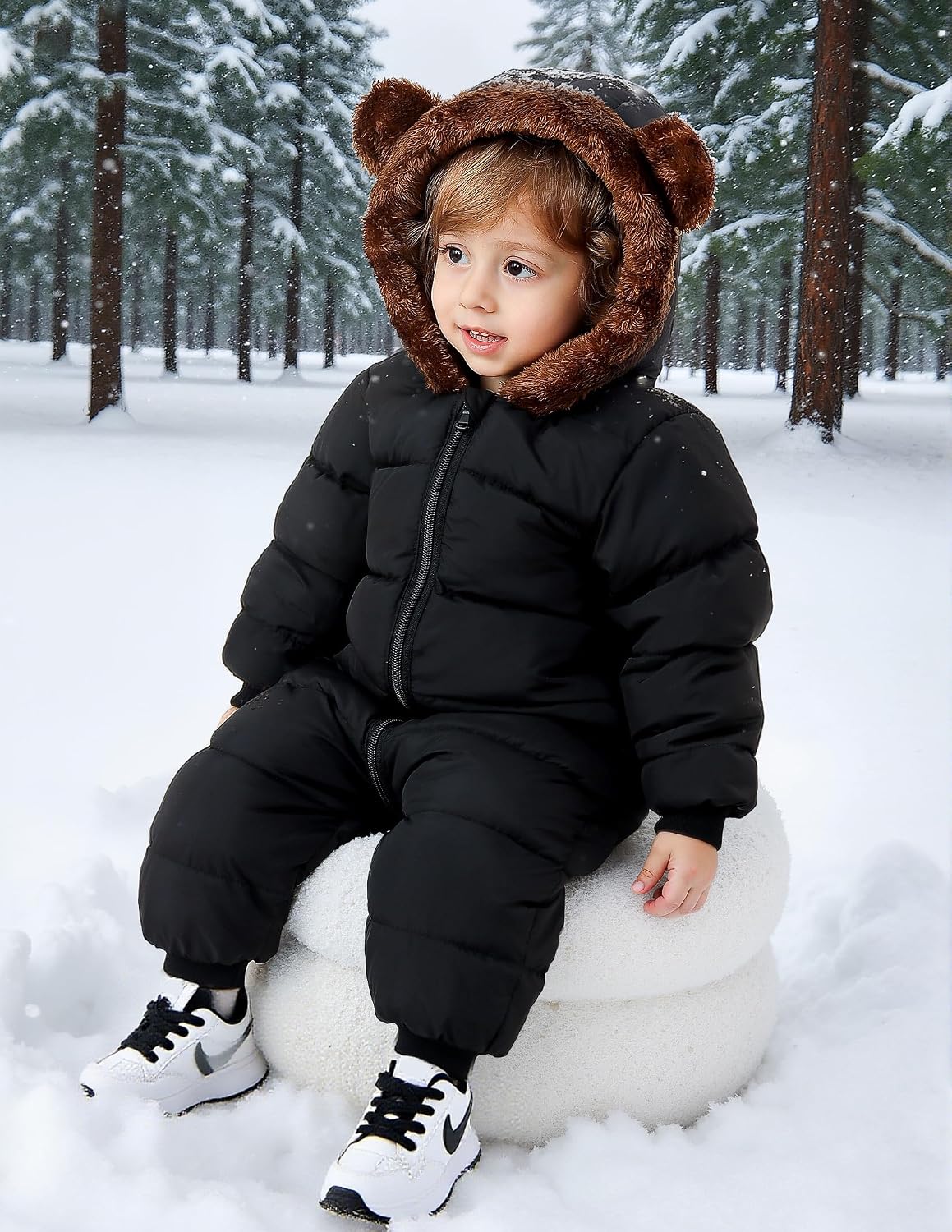 Toddler wearing a black bear ear snowsuit while sitting in the snow, showing a warm one-piece winter outfit for outdoor play.