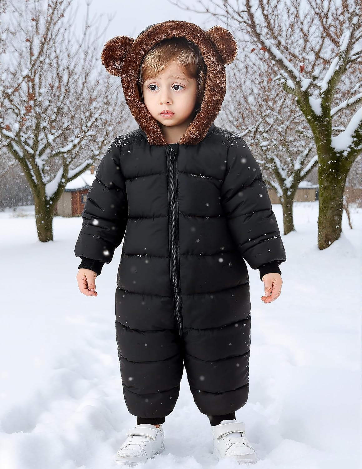 Toddler standing in the snow wearing a black bear ear hooded snowsuit, showing the full-body fit for cold-weather outdoor activities.