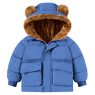 Toddler blue puffer jacket with plush brown bear-ear hood, full zipper and warm fleece lining for winter outings and outdoor play.