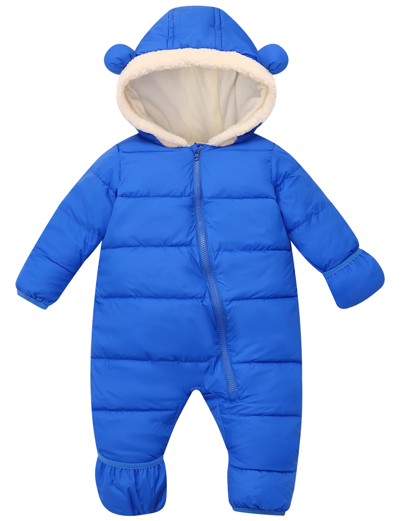 Toddler blue one-piece puffer snowsuit with bear-ear hood, quilted construction and full-body coverage for winter activities.