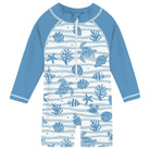 Toddler boys Blue Marine Life print rash guard swimsuit with long sleeves and front zipper for comfortable beach and pool activities.
