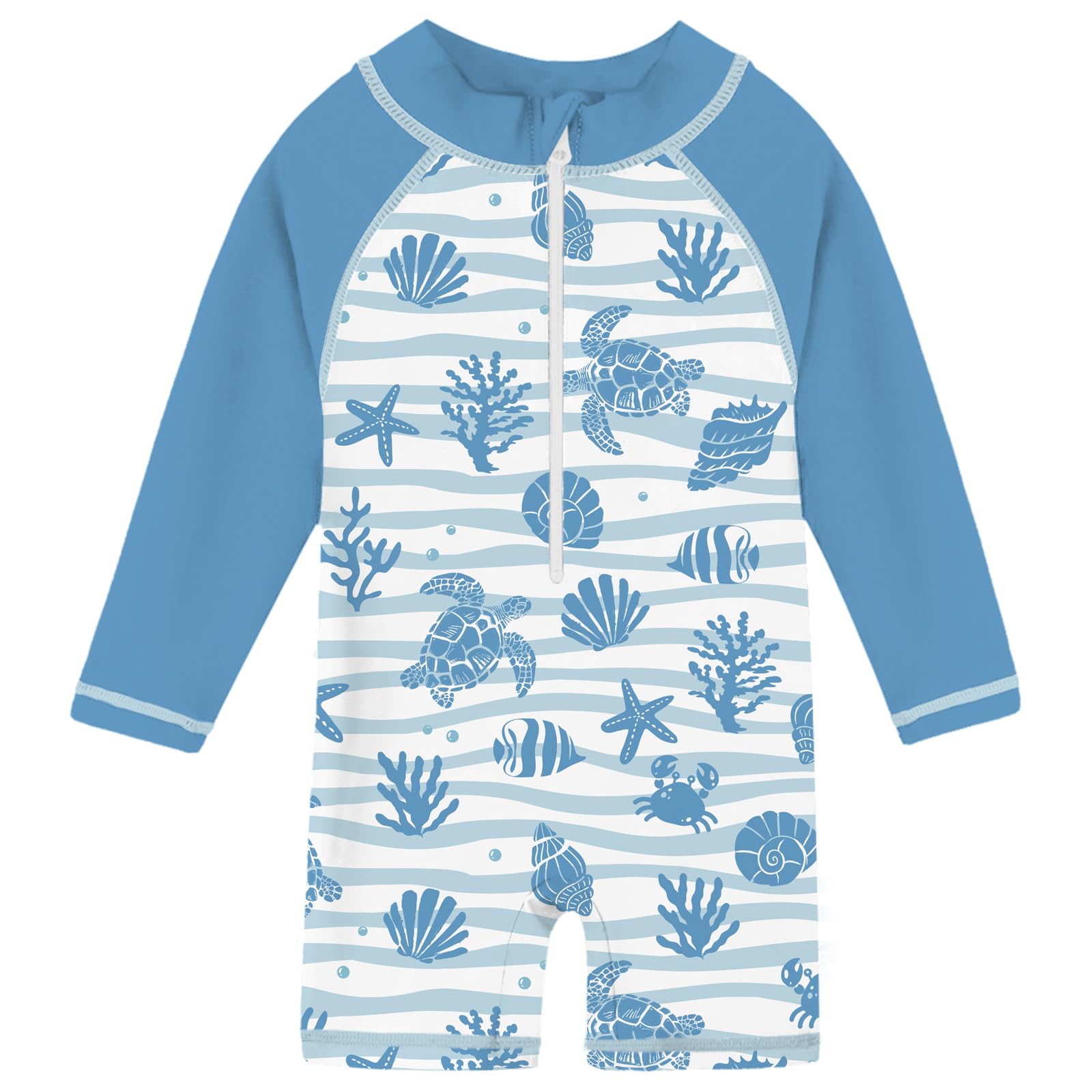 Toddler boys Blue Marine Life print rash guard swimsuit with long sleeves and front zipper for comfortable beach and pool activities.