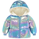 Toddler girls blue shimmer puffer jacket featuring a hooded design, fleece lining and comfortable lightweight warmth for cold days.