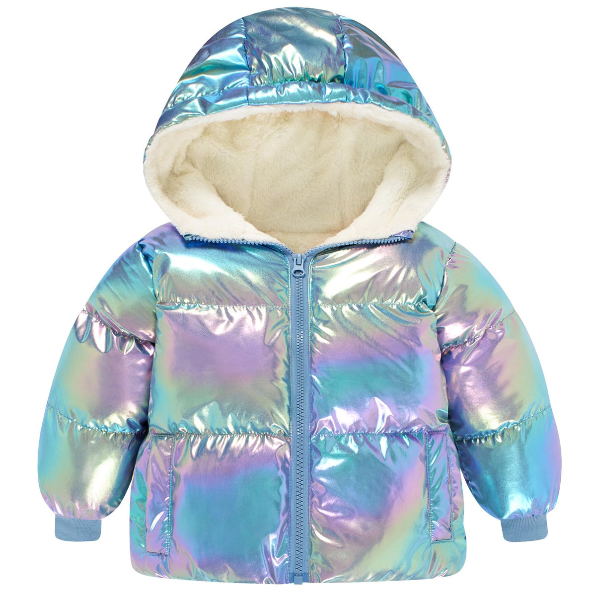 Toddler girls blue shimmer puffer jacket featuring a hooded design, fleece lining and comfortable lightweight warmth for cold days.