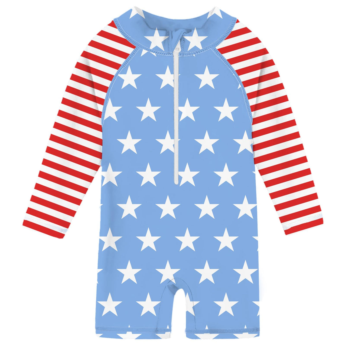 Toddler boys Blue Stars long sleeve rash guard swimsuit with front zipper and UPF 50+ coverage for beach, pool and summer water play.