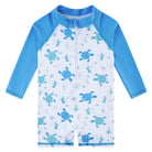 Toddler boys Blue Turtle print long sleeve rash guard swimsuit with front zipper and comfortable stretch design for swimming and summer vacations.