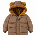 Toddler camel brown puffer jacket with plush bear-ear hood, fleece lining and front pockets for cozy everyday winter wear.