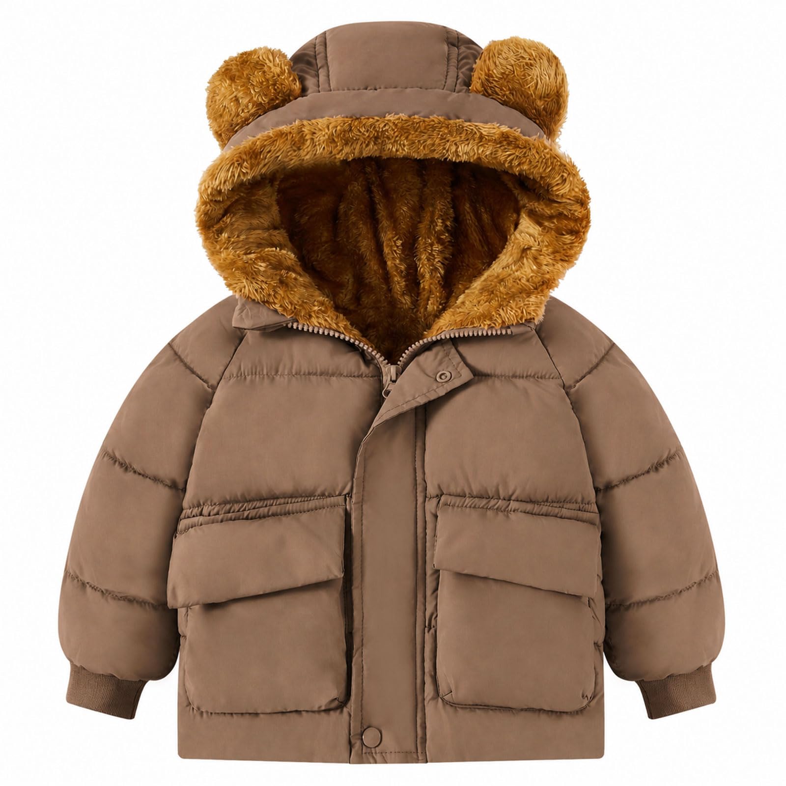 Toddler camel brown puffer jacket with plush bear-ear hood, fleece lining and front pockets for cozy everyday winter wear.