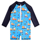 Toddler boys Car print rash guard swimsuit with long sleeves, front zipper and playful graphic design for swimming and summer water play.