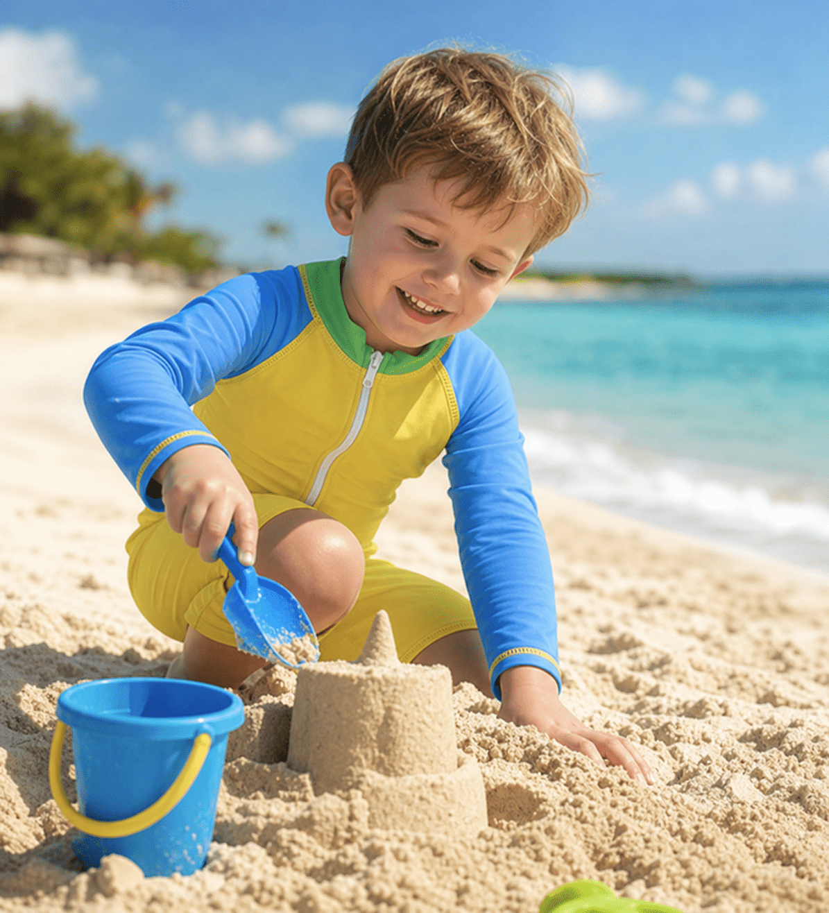 Toddler boy wearing a yellow and blue rash guard swimsuit while playing on the beach, designed for comfortable summer water activities.