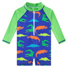 Toddler boys Crocodile print long sleeve rash guard swimsuit with zip front and playful colorful design for summer swimming and water play.