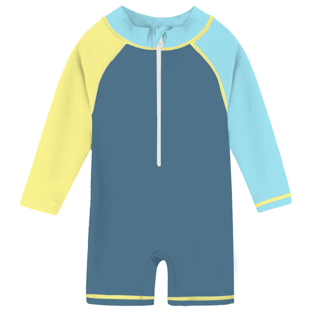 Toddler cyan blue colorblock rash guard swimsuit with long sleeves and zip front design for swimming, beach trips and summer vacations.