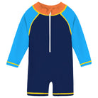 Toddler dark olive colorblock rash guard swimsuit with long sleeves, front zipper and comfortable full coverage fit for beach and pool days.