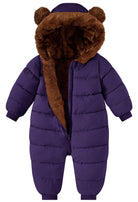 Toddler deep purple one-piece snowsuit with plush bear-ear hood and full-body quilted design for comfortable cold-weather wear.
