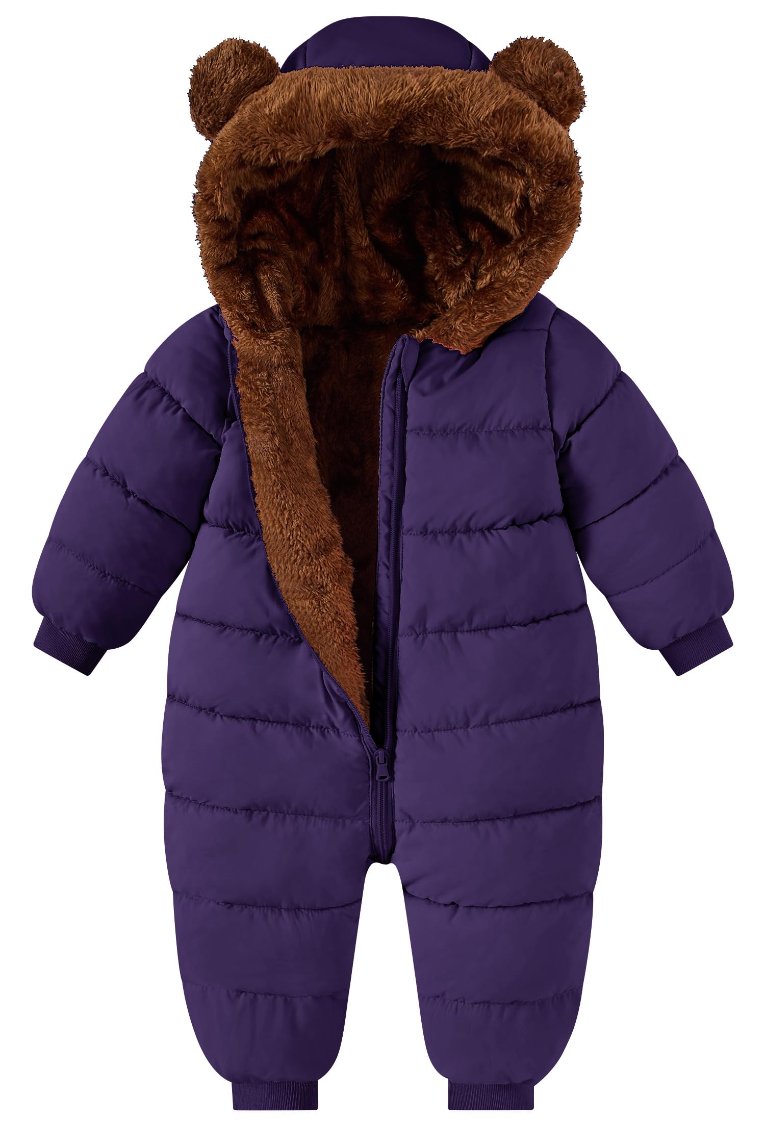 Toddler deep purple one-piece snowsuit with plush bear-ear hood and full-body quilted design for comfortable cold-weather wear.
